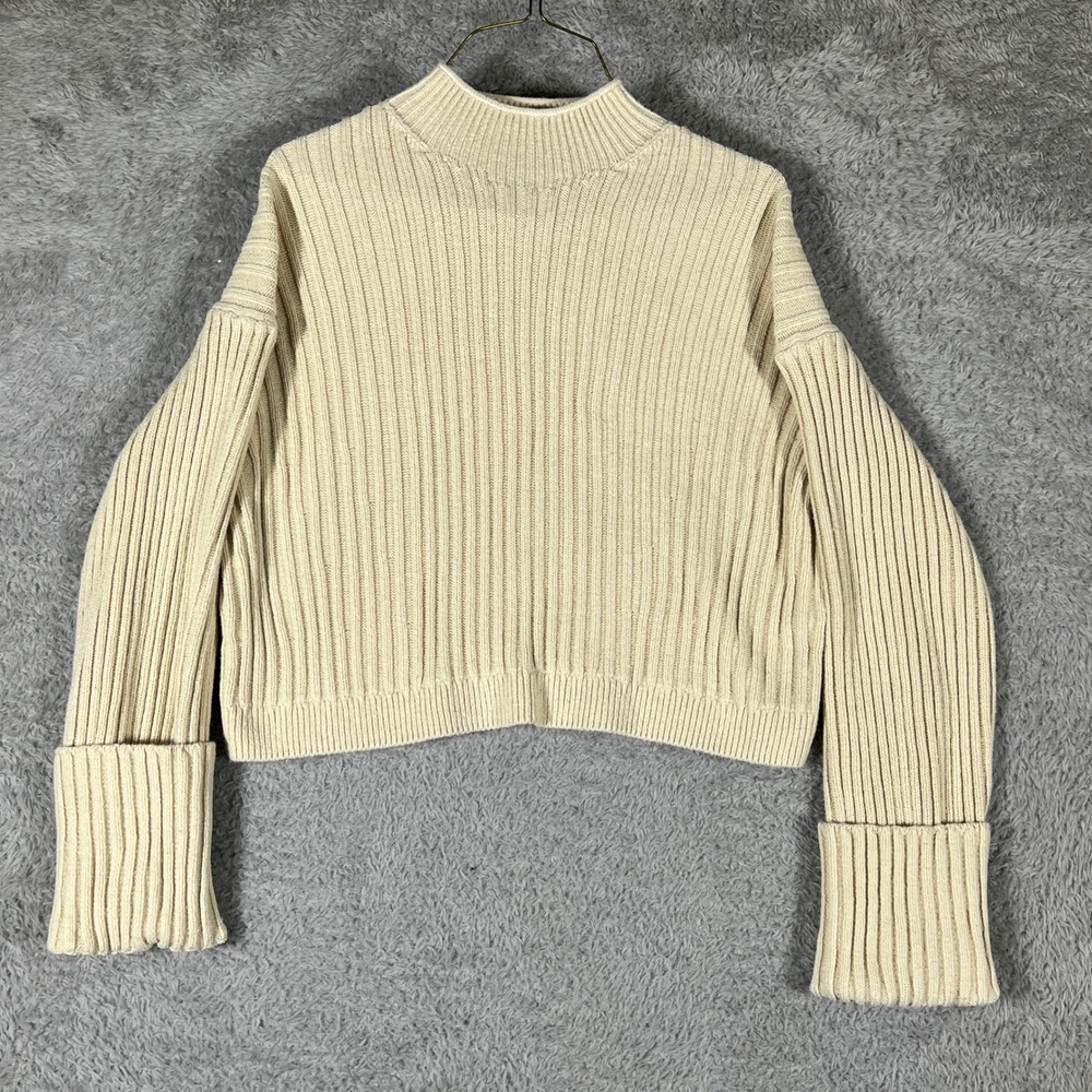 Everlane Sweater Womens Medium Beige Organic Cotton Rib Knit Mock Neck Cropped